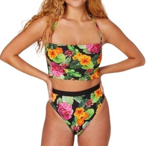 Andie Aruba Top Longline Bandeau Halter Banded Bottom Bikini Tropical Floral